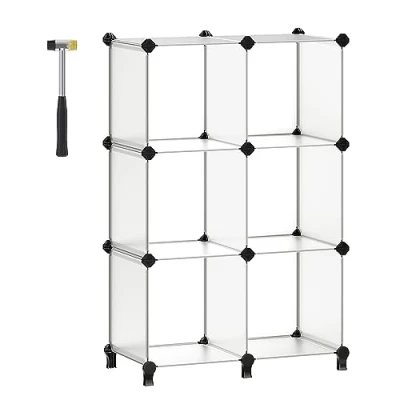 Image of SONGMICS 6 Cube Storage Unit, Modular Plastic Organiser, Shoe Rack, Each 30 x cm, Living Room, Bedroom, Study, with Rubber Mallet, White LPC111S