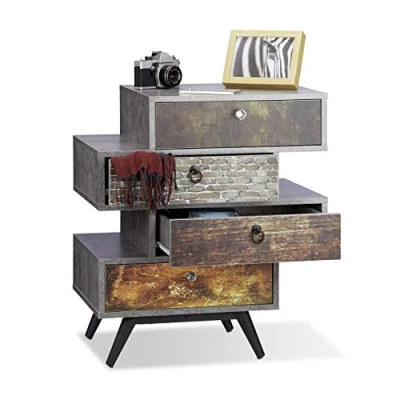 Image of Relaxdays Vintage Dresser with 4, Chest of Drawers Print, Concrete Design Sideboard, HWD: 68 x 60 40 cm, Grey, Wood, Multi, 68.5 cm