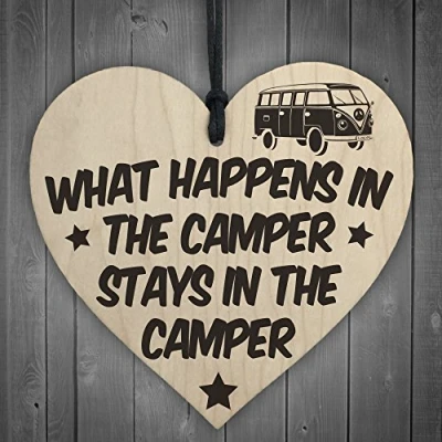 Image of RED OCEAN What Happens In The Camper Stays Novelty Wooden Hanging Heart Shaped Plaque Van Sign