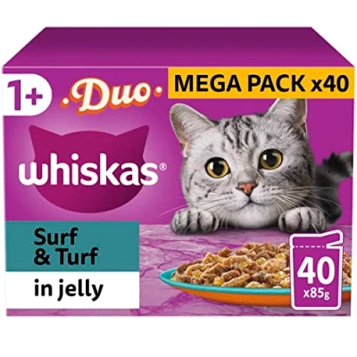 Image of Whiskas Tasty Duo 1+ Surf and Turf in Jelly 40 x 85 g Pouches, Adult Cat Food