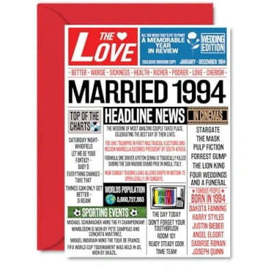 Image of 30th Anniversary Cards for Men Women Married 1994 Newspaper Happy 30 Wedding Card Husband Wife Brother Sister Aunt Uncle Vintage Retro 1994, A5 Greeting