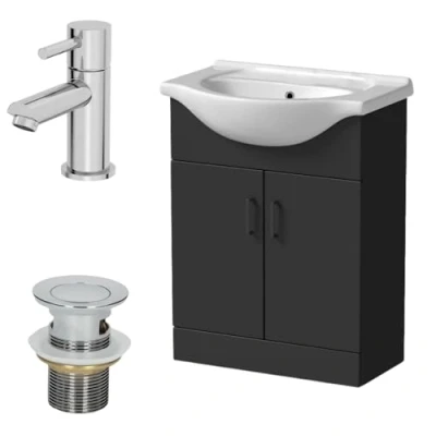 Image of Affine® 650mm Bathroom Vanity Unit Ceramic Sink Floorstanding Storage Cabinet Cupboard &amp; Malmo Basin Tap Waste Set, Matt Black
