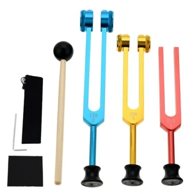 Image of DRELD Tuning Forks Set 128Hz, 256Hz, 512Hz Fork with Rubber Base for Chakra Healing, Sound Therapy, DNA Repair, and Medical Use Cleaning Cloth, Allen Key Silicone Hammer (Colorful)