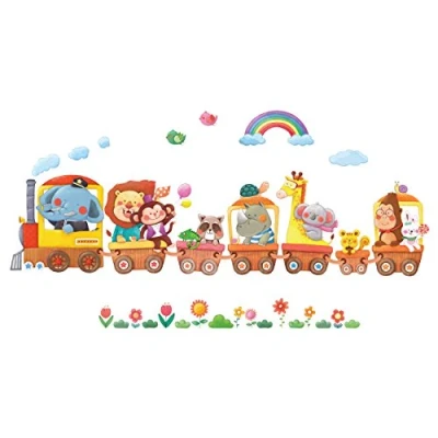 Image of DECOWALL DS 8024 Animal Trains (Small) Kids Wall Stickers Decals Peel and Stick Removable for Nursery Bedroom Living Room Art murals Decorations