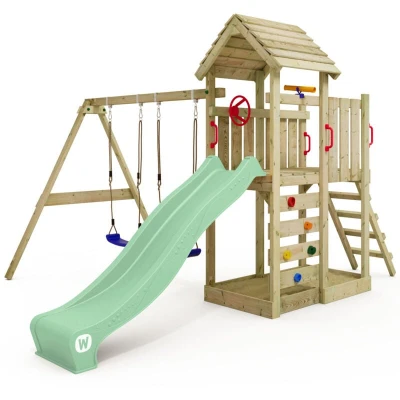 Image of Wickey wooden climbing frame MultiFlyer with roof, swing set &amp; slide, Outdoor kids playhouse sandpit, ladder play accessories for the garden green pastel