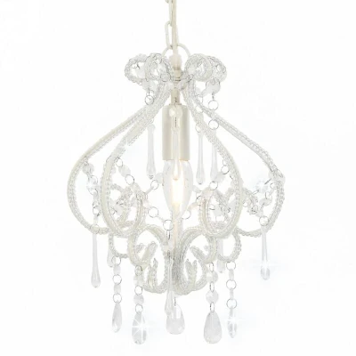 Image of vidaXL White Round Ceiling Lamp with Crystal and Acrylic Beads Modern Design, E14 Bulb Base, for Living Room/Dining Room