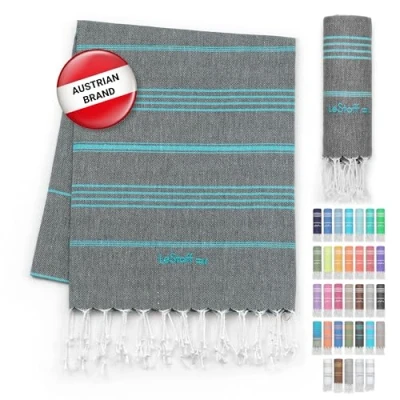 Image of LeStoff Premium Hammam Towel 100% Organic Cotton Pre washed Sustainable Absorbent &amp; Quick drying Beach, Bath, Shower, Yoga, Spa Travel (95 x 180 cm, Anthracite Aqua)