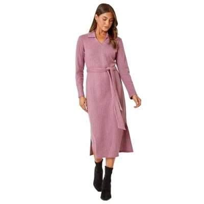 Image of Roman Ribbed Midi Jumper Stretch Dress for Women UK Ladies Autumn Everyday Winter Holiday V Neckline Comfy Long Sleeve Soft Bodycon Frock Belt Detail Gowns Rose Size 14
