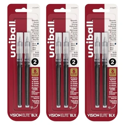 Image of Uniball Vision Elite Rollerball Pen Refill, 0.8mm Bold Point, Blue Black Ink, 6 Refills