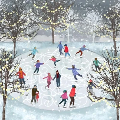 Image of Macmillan Charity Christmas Cards Pack of 8 Winter Ice Skating Festive Artistic Design on the Pond by Emma Newton Eco Friendly Made in UK