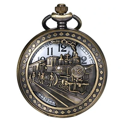 Image of JewelryWe Men Women Pocket Watch Vintage Necklace Bronze Pendant with Chain