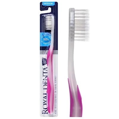 Image of Royal Denta Manual Medium Toothbrush for Adults, Flossing with Silver Particles to Prevent Bacteria, Pink