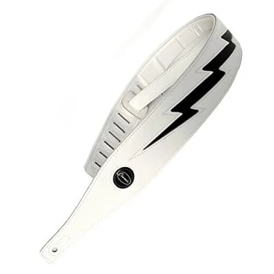 Image of Clearwater Guitar Strap Electric Acoustic or Bass White Leather with Black lightning design