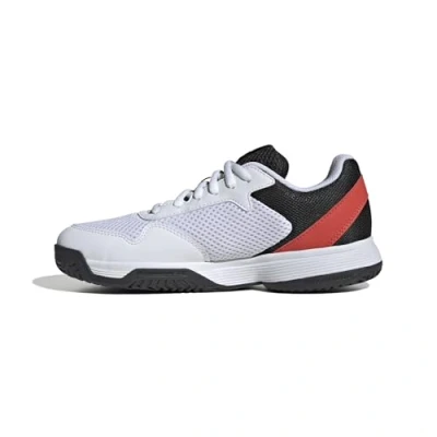 Image of adidas Performance Courtflash Unisex Multicourt tennis shoes for kids, Size: 3.5, Footwear white/silver metallic/bright red