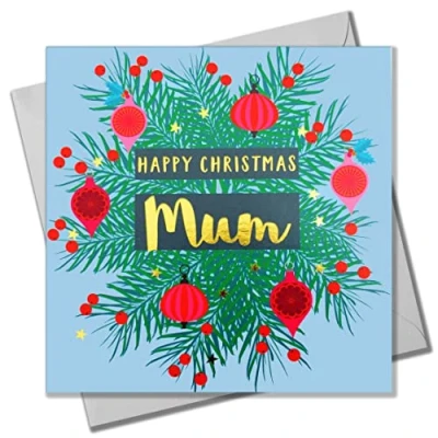 Image of Christmas Card, Mum Wreath and Baubles, text foiled in shiny gold