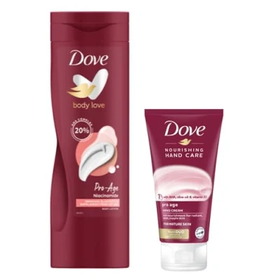 Image of Dove Body Love Pro Age Lotion Improves elasticity &amp; suppleness from 1st use moisturiser for more elastic skin 400 ml Nourishing Hand Care Cream 75ml
