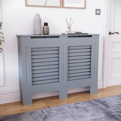 Image of Vida Designs Milton Medium Dark Grey Radiator Cover Modern Slatted Heating Cabinet, Easy DIY Fit, Ideal for Living Room, Hallway or Bathroom