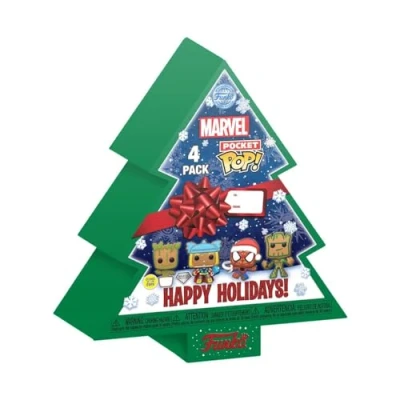 Image of Funko Pocket Pop! Marvel Groot Tree Holiday Box 4 Pieces Comics Keychain Novelty Keyring Collectable Mini Figure Stocking Filler Gift Idea Official Merchandise Backpack Decor