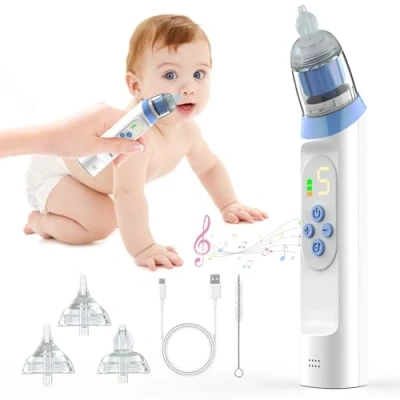 Image of Nasal Aspirator Baby , Electric and Rechargeable Nose Suckers Music &amp; Light Soothing, with 5 Adjustable Suction Levels 3 Silicone Nozzles, for