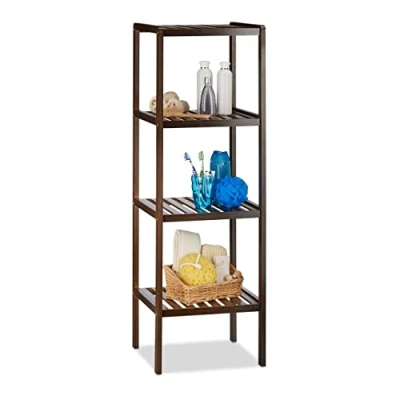 Image of Relaxdays Bamboo Bath Rack with 4 Shelves, HxWxD: 110 x 34.5 33 cm, Tall Freestanding Shelving Unit, Wooden Dark Brown