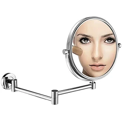 Image of DOWRY 1x/7x Magnifying Mirror Wall Mounted Silver Makeup Bathroom Extendable Shaving 360 Rotatable Double Sided Mirror,Diameter 8 Inches