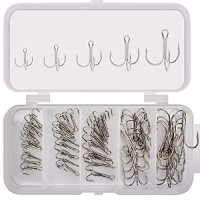 Image of ANCLLO 50pcs Fishing Treble Hooks Kit High Carbon Steel Strong Sharp Round Bend for Hard Bait Lures Saltwater Freshwater Silver