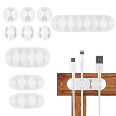 Image of Cable Management, Holder, Clips, Tidy Holder Organisers, Silicone Self Adhesive for Charging USB Mouse Wire PC, Office Home Cord 10 Pcs White