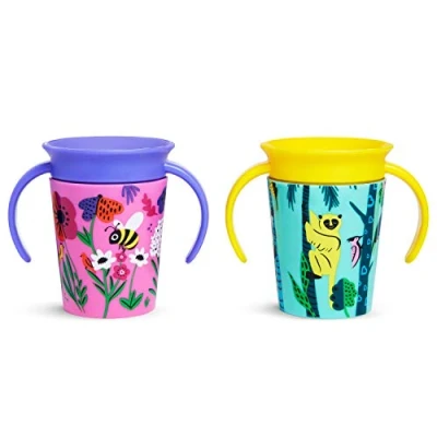 Image of Munchkin WildLove Trainer Miracle 360 Cup Toddler BPA Free Baby &amp; Sippy Cups with Handles Non Spill Dishwasher Safe Leakproof Childrens 6oz/177ml 2 Pack Lemur/Bee