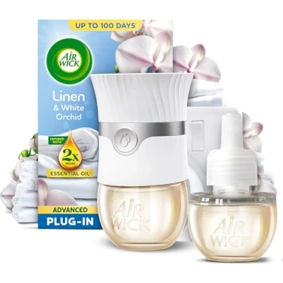 Image of Air Wick Linen &amp; White Orchid Advanced Electrical Plug In Kit 19ml, Lasts for up to 100 days, Freshener