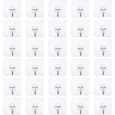 Image of Self Adhesive Hooks Stick, 30PCS Anti Skid Traceless Sticky Hook Heavy Duty Wall 10kg (Max) for Door Kitchen Bathroom Office Closet, Seamless Transparent Waterproof and Oilproof