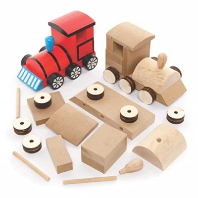 Image of Baker Ross FE592 Train Woodcraft Kits Pack of 2, Wooden Crafts for Children to Decorate and Display, Kids Educational Activity