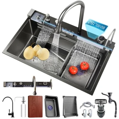 Image of Kitchen Sink with Integrated Pull Out Faucet 304 Stainless Steel Waterfall Multiple Accessories
