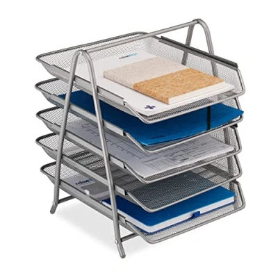 Image of Relaxdays Document, 5 Compartments, Filing System, Mesh, Letter Tray A4, HxWxD: 37.5 x 30 35.5 cm, Metal, Silver, Alloy Steel