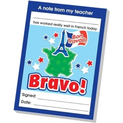 Image of SuperStickers French Reward Praise A6 Note Pad for Teachers &#039;Bravo!&#039;. 60 sheets