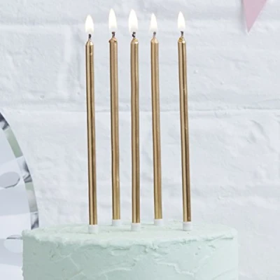 Image of Ginger Ray Gold Metallic Tall Birthday Party Cake Designer Candles 24 Pack Including Holders
