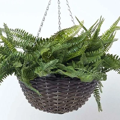 Image of HOMESCAPES Artificial Hanging Basket 65 cm Long Potted Green Faux Fern Plant In Replica Wicker Pot with Silver Metal Chain and Hook for Indoor Outdoor Decoration