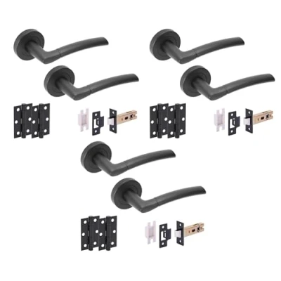 Image of HANDLEZONE® 3 Sets Nemo Internal Door Handles on Rose Lever Latch Packs with Ball Bearing Hinges Black Matt