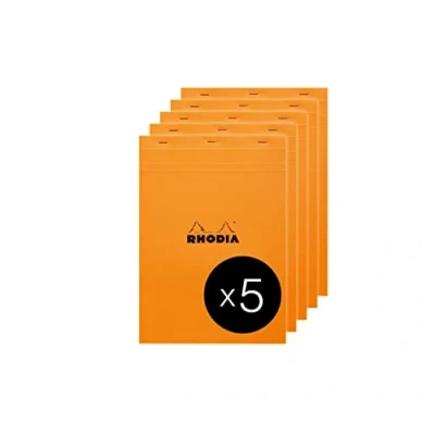 Image of RHODIA 18200C Stapled Notepad N18 Orange A4 Small Squares 80 Detachable Sheets 80G Clairefontaine Paper Coated Card Cover Pack of 5 pads