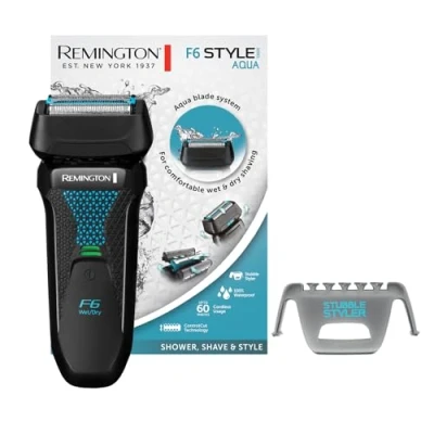 Image of Remington F6 Aqua Men&#039;s Electric Razor Wet &amp; Dry Shaver, 100% Waterproof, Fold Out Detail Long Hair Trimmer, 60 Min Lithium Battery, USB Charging Function Foil Shaver F6000