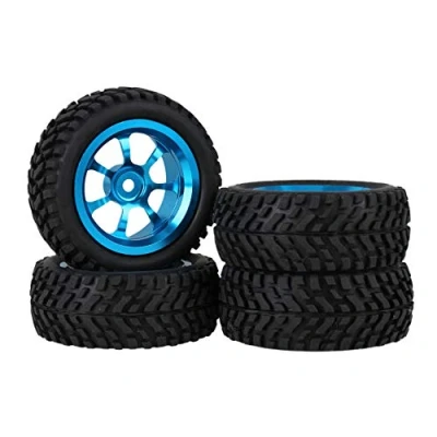 Image of Mxfans 12mm Hex Blue Aluminum Alloy 7 Spoke Wheel Rims + Black 75mm Dia Beard Pattern Rubber Tyre for RC 1:10 On Road Car Pack of 4