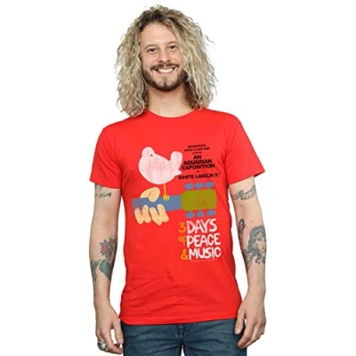 Image of Absolute Cult Woodstock Men&#039;s Festival Poster T Shirt Red Large