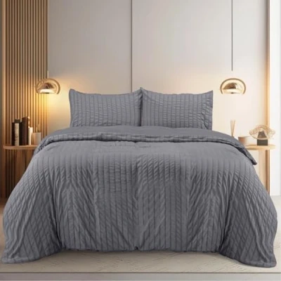 Image of Utopia Bedding Seersucker Duvet Cover Set Double with Pillowcases Soft Microfibre Polyester (Grey)