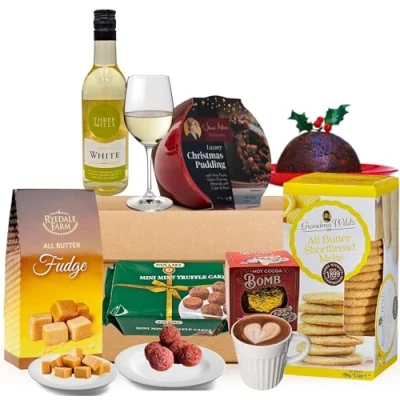 Image of Hampers &amp; Gourmet Gifts White Wine And Chocolate Gift Set Shortbread Biscuits Truffles Fudge Christmas Pudding Hot Selection Food Hamper