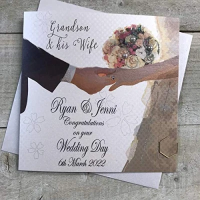 Image of WHITE COTTON CARDS Personalised Handmade Wedding Card Grandson &amp; his Wife Hands