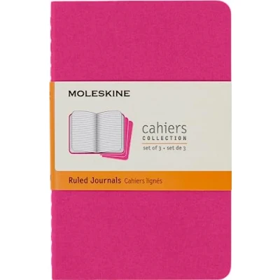 Image of Moleskine Cahier Journal, Set 3 Notebooks with Ruled Pages, Cardboard Cover Visible Cotton Stiching, Colour Kinetic Pink, Pocket 9 x 14 cm, 64 Pages