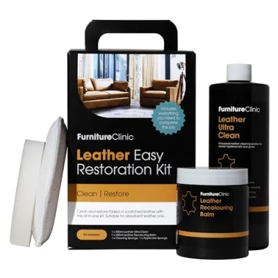 Image of Furniture Clinic Leather Complete Restoration Kit (Black) Contains Recolouring Balm, Protection Cream, Cleaner, Sponge and Applicator Restore Repair Sofas, Chairs, Car Seats