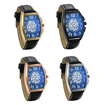 Image of JewelryWe Mens Watches Automatic Mechanical Watch Roman Number Skull Square Dial Leather Wrist