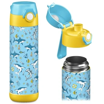 Image of JARLSON® &quot;MALI&quot; Children&#039;s Water Bottle, Thermal Stainless Steel BPA Free, Leak Proof, Bottle with Chug Lid, for School, Nursery, 350 ml (Sharks, 500 ml)