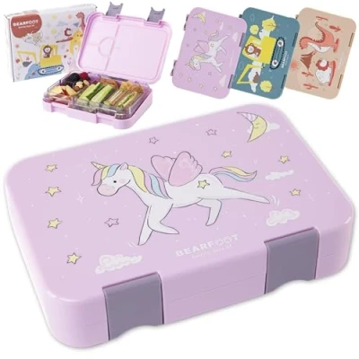 Image of BEARFOOT Children&#039;s Lunch Box with Compartments, BPA Free, Box, Bento Girls &amp; Boys, Snack Dividers, for Nursery, School, Large (Purple Unicorn)
