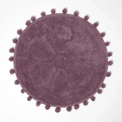Image of HOMESCAPES Cotton Flower Bath Mat Blush Pink Super Absorbent Floral Tufted Round Bathmat with Pom Poms, 60 cm